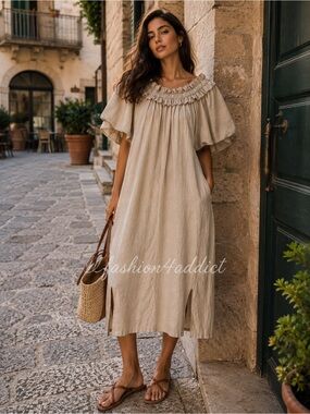 A80. From Italy 🇮🇹 Ruffled Neck Midi Dress